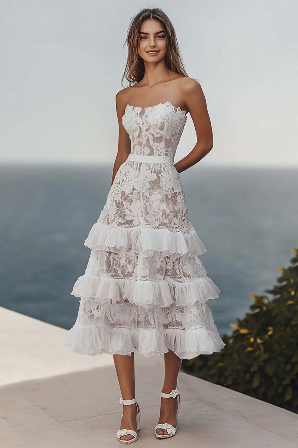 Leely Women Ivory Beach Lace Maxi Wedding Reception Dress A Line Strapless Tiered Engagement Dress with Ruffles