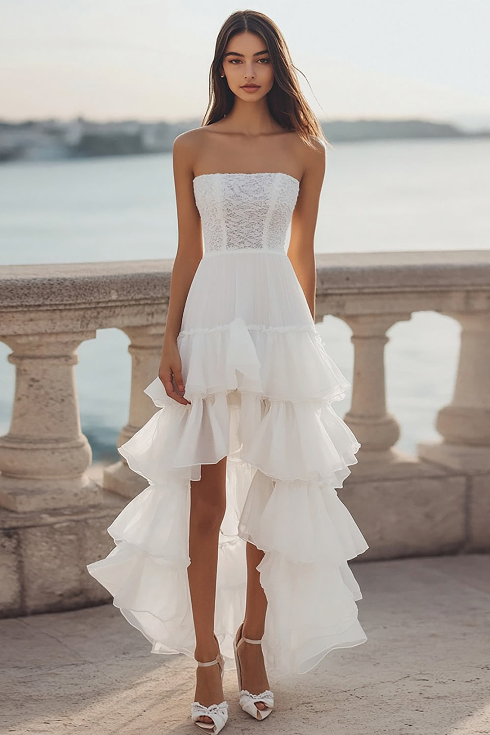 Leely Women Ivory Organza High-Low Engagement Dress with Ruffles Strapless Tiered Ruffled A Line Rehearsal Dinner Dress with Lace