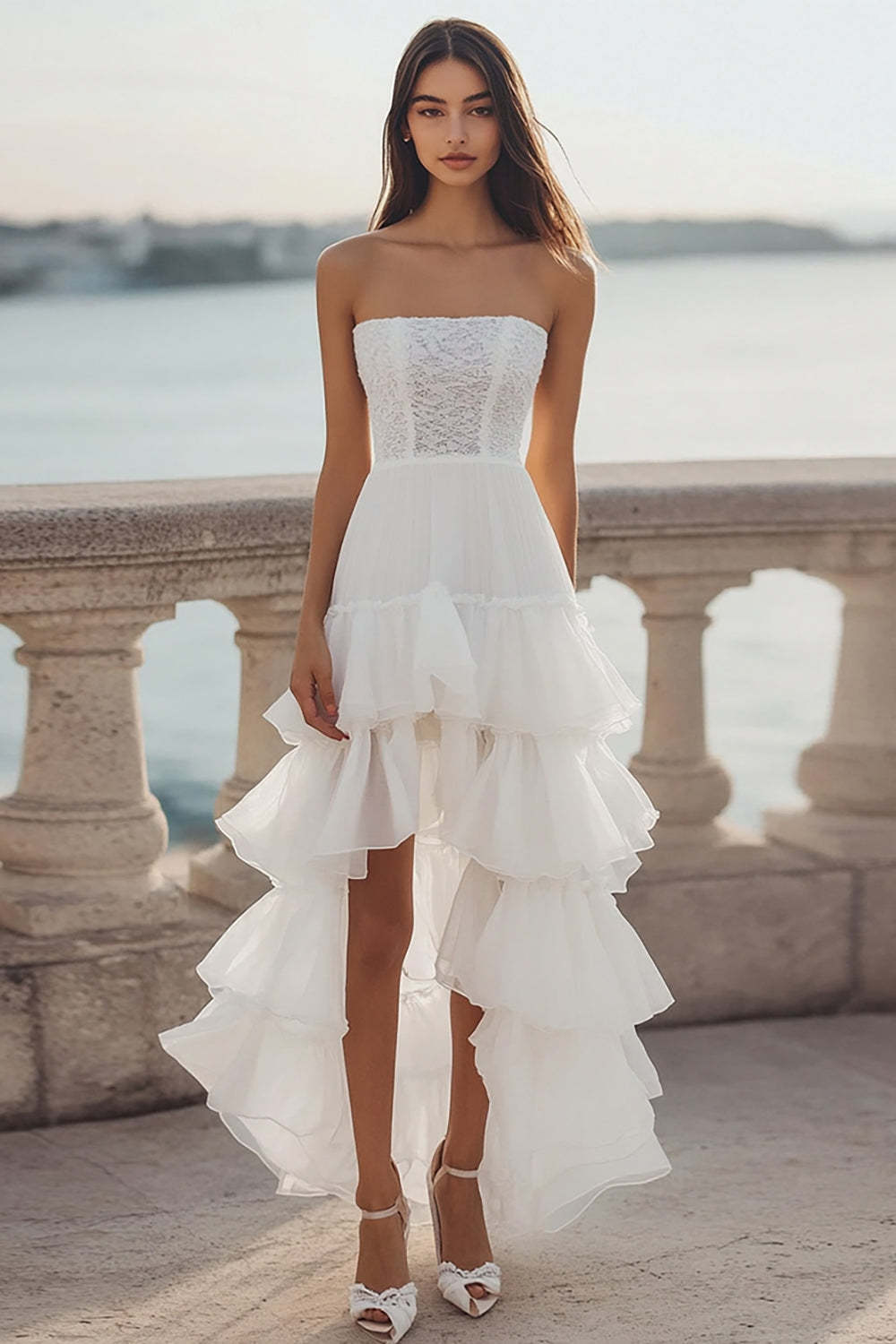 Leely Women Ivory Organza High-Low Engagement Dress with Ruffles Strapless Tiered Ruffled A Line Rehearsal Dinner Dress with Lace