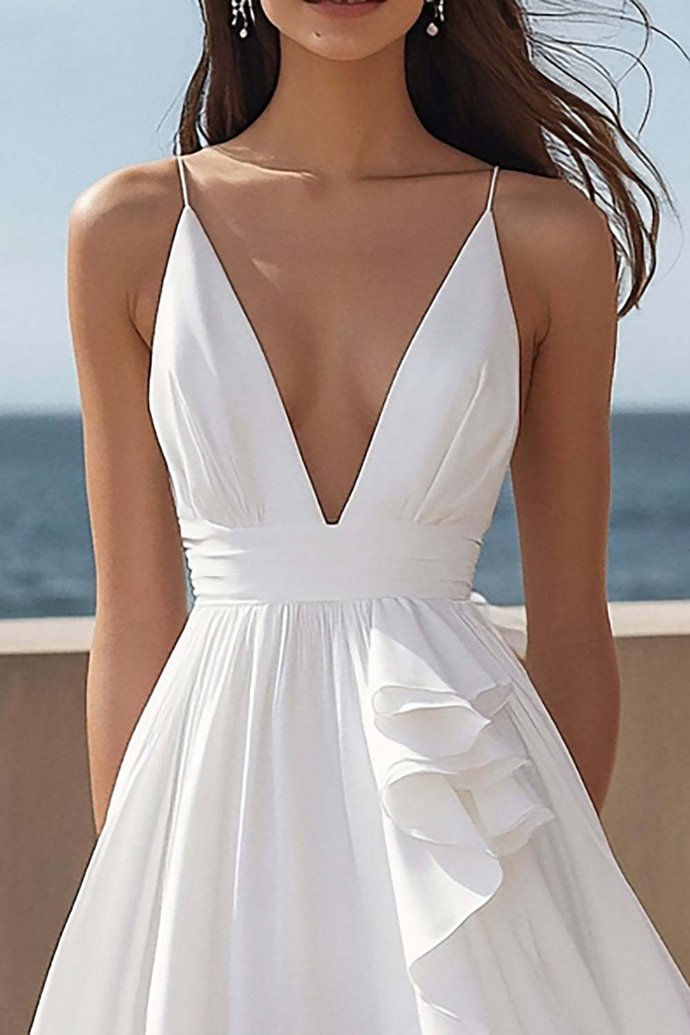 Ivory Spaghetti Straps Satin Maxi Rehearsal Dinner Dress with Ruffles
