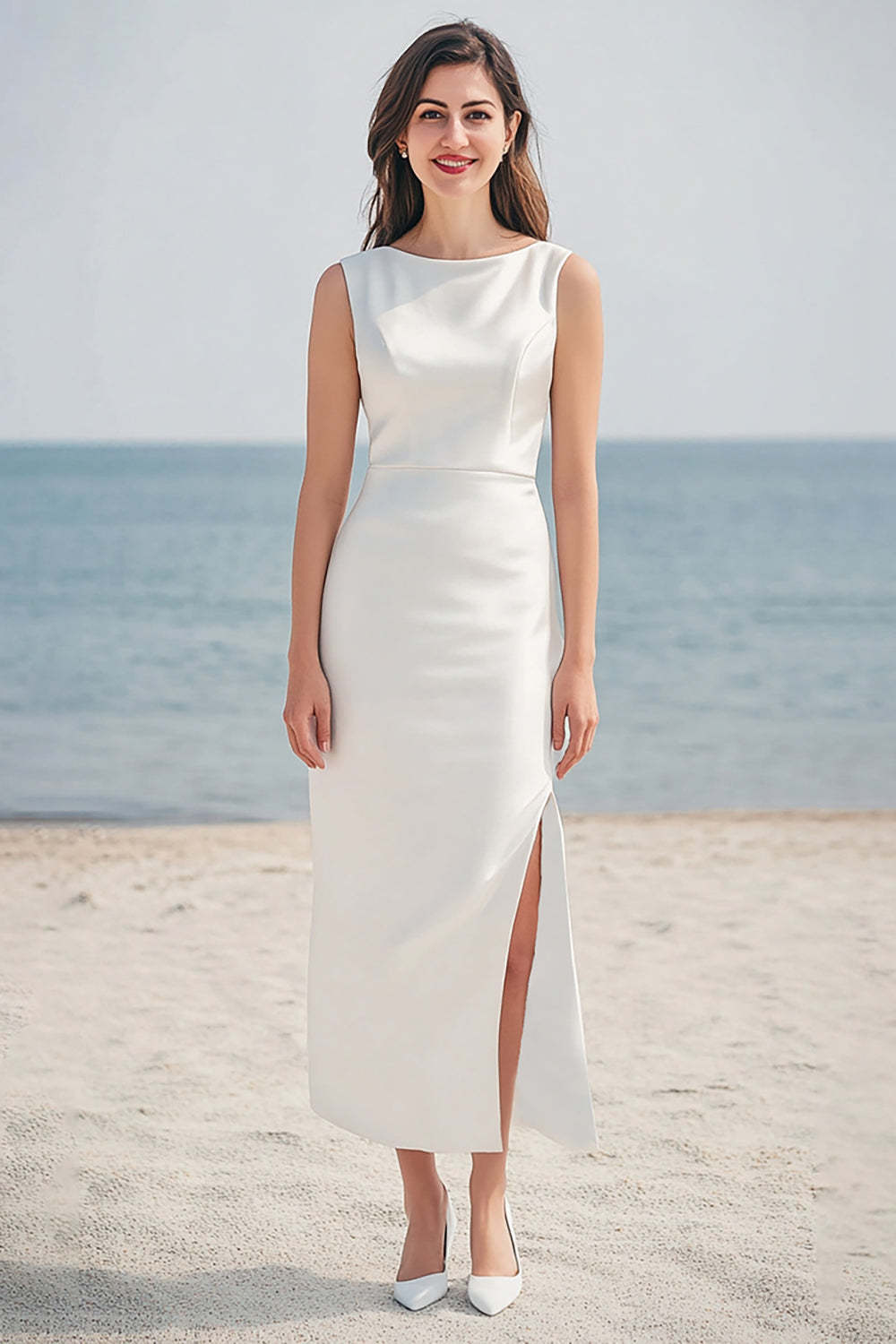 Leely Women Ivory Satin Maxi Wedding Reception Dress with Slit Boat Neck Sheath Engagement Dress
