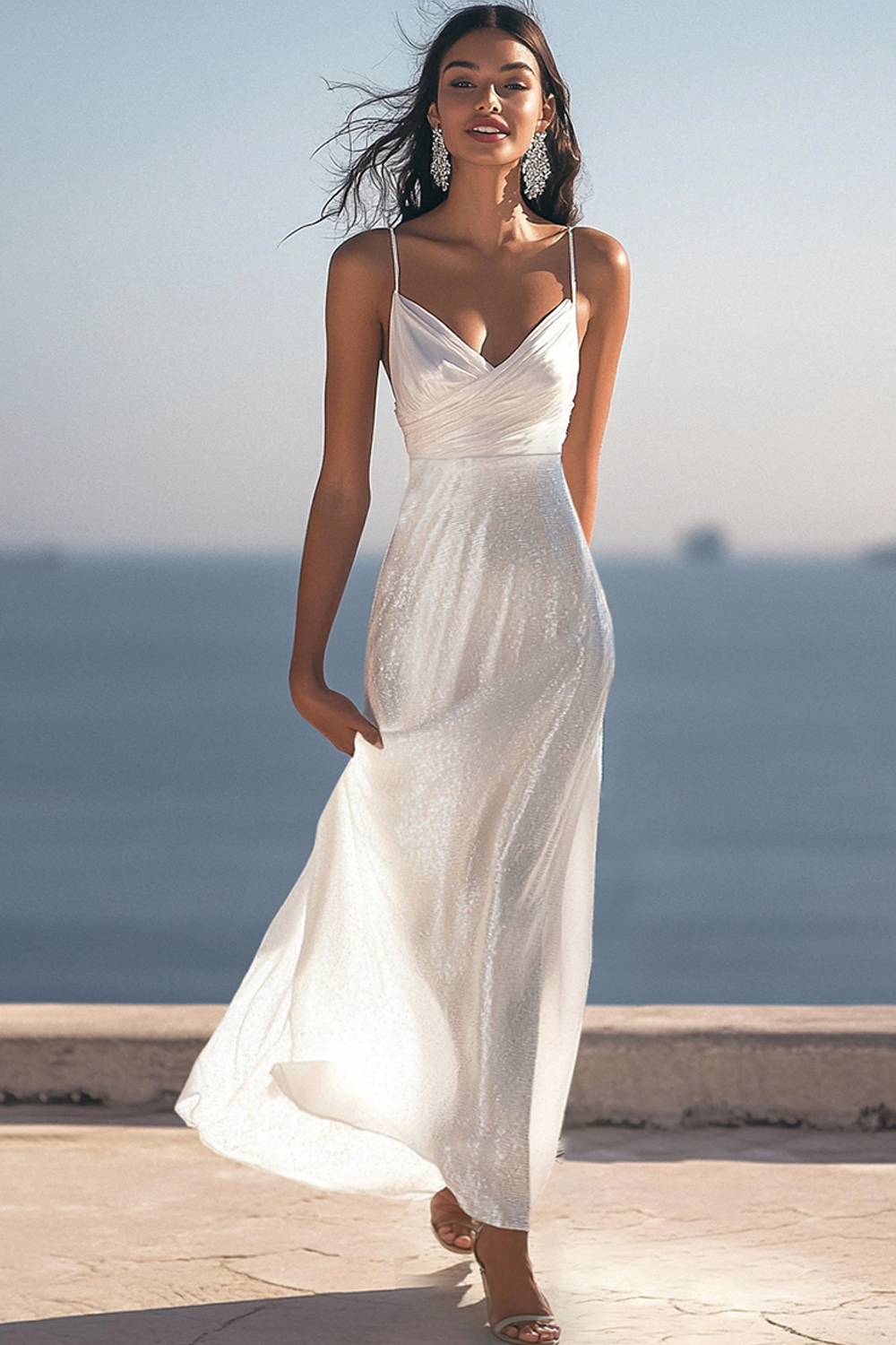 Leely Women Sparkly Ivory Sequin Maxi Rehearsal Dinner Dress Spaghetti Straps Ruched A Line Engagement Dress