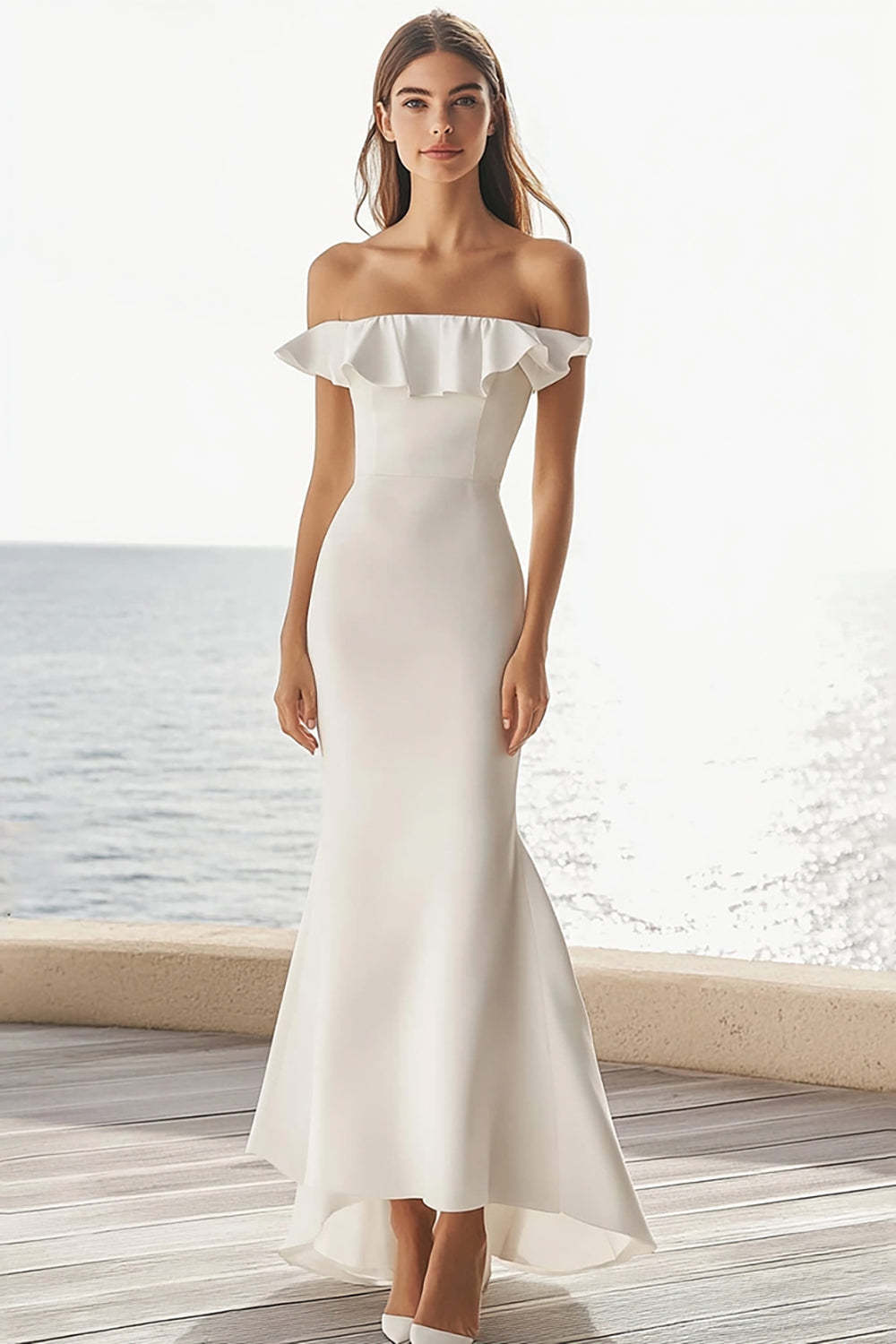 Leely Women Ivory Maxi Satin Wedding Reception Dress with Ruffles Off the Shoulder Mermaid Rehearsal Dinner Dress