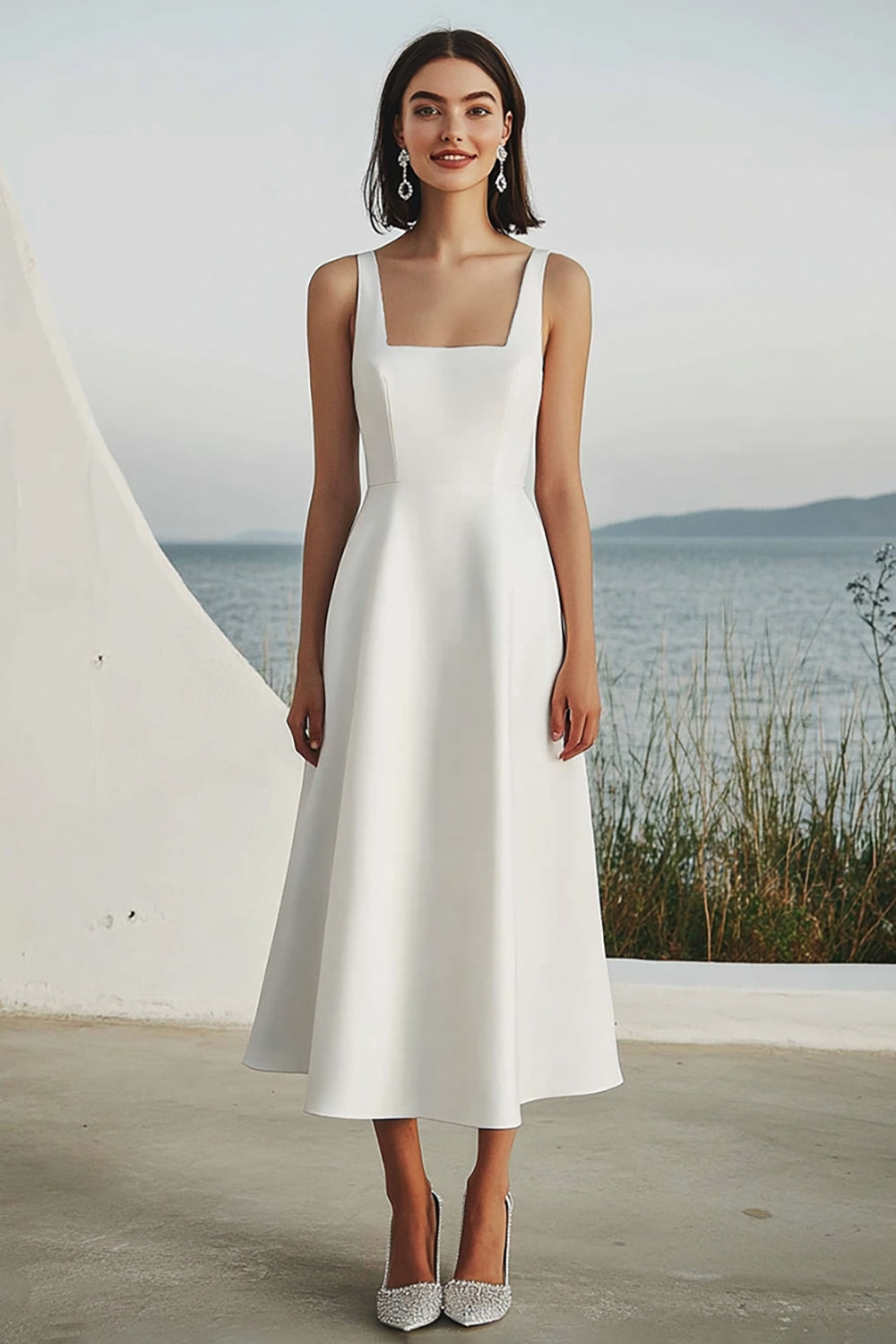 Ivory Square Neck A Line Maxi Satin Rehearsal Dinner Dress