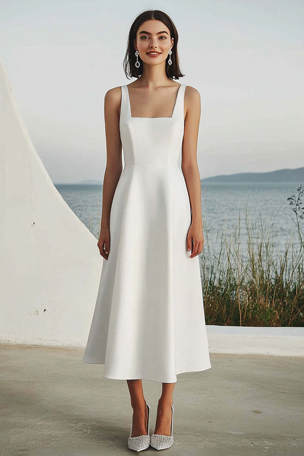 Leely Women Ivory Satin Maxi Rehearsal Dinner Dress Square Neck A Line Wedding Reception Dress