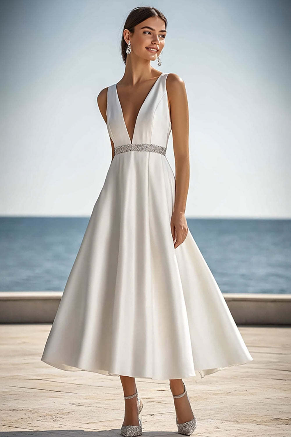 Sparkly Ivory Satin V-Neck Maxi Rehearsal Dinner Dress with Beading