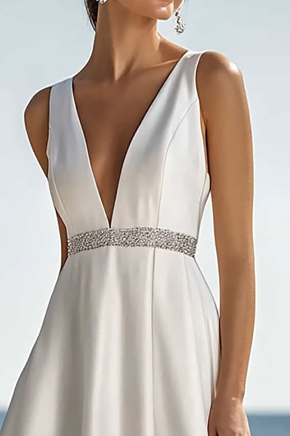 Sparkly Ivory Satin V-Neck Maxi Rehearsal Dinner Dress with Beading