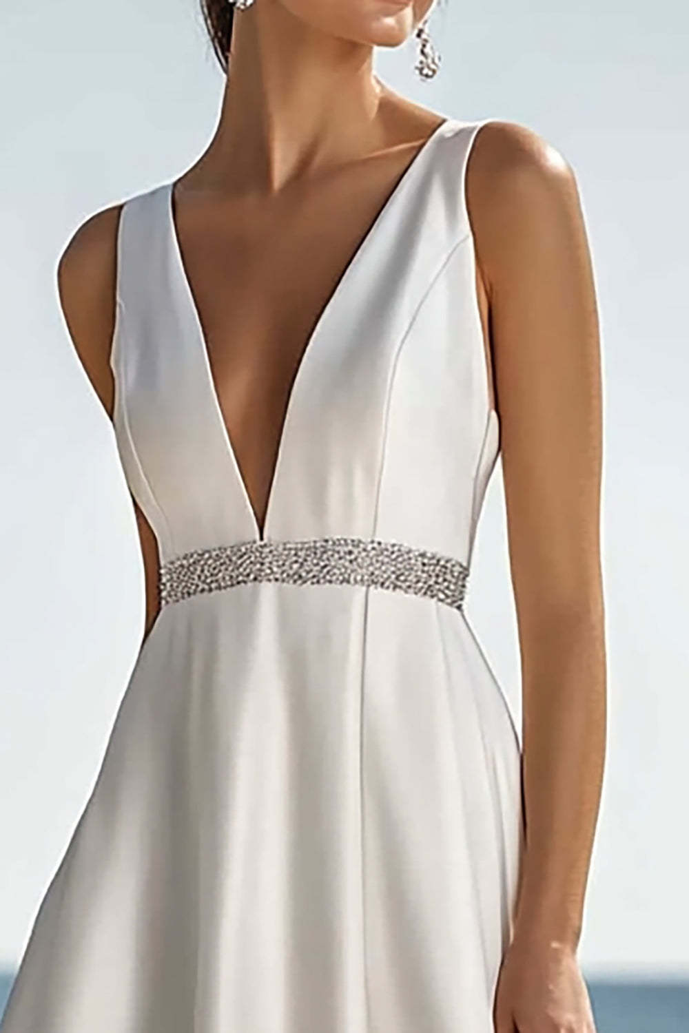 Sparkly Ivory Satin V-Neck Maxi Rehearsal Dinner Dress with Beading