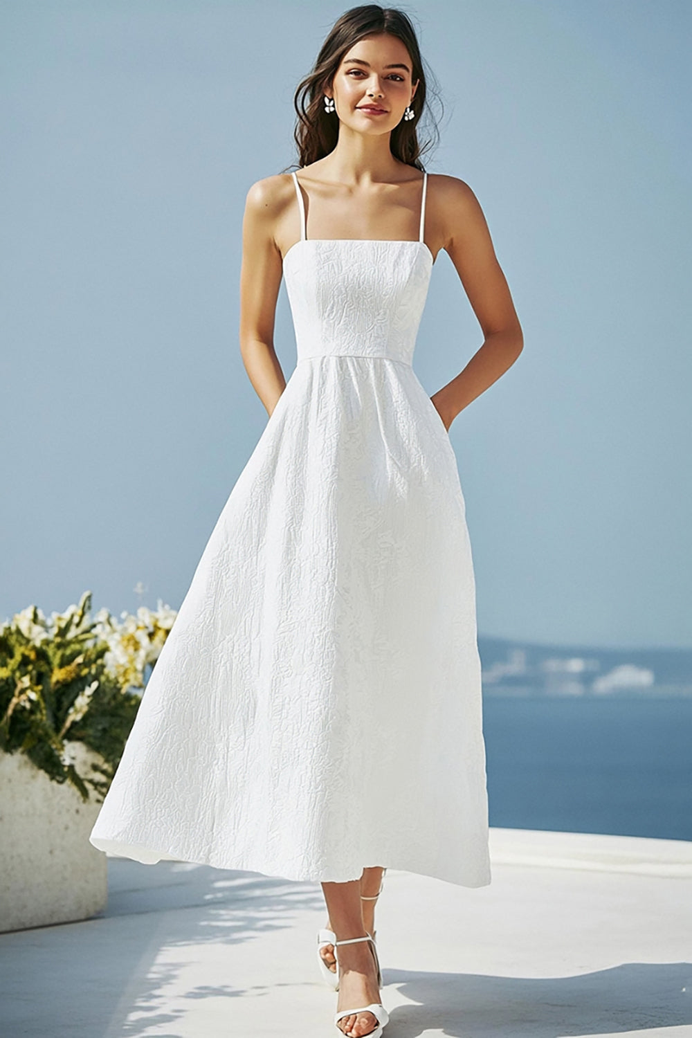 Ivory A Line Simple Spaghetti Straps Beach Maxi Engagement Dress