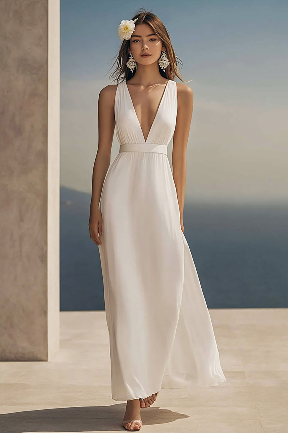 Leely Women Ivory Chiffon Beach Maxi Engagement Dress Deep V-Neck A Line Rehearsal Dinner Dress