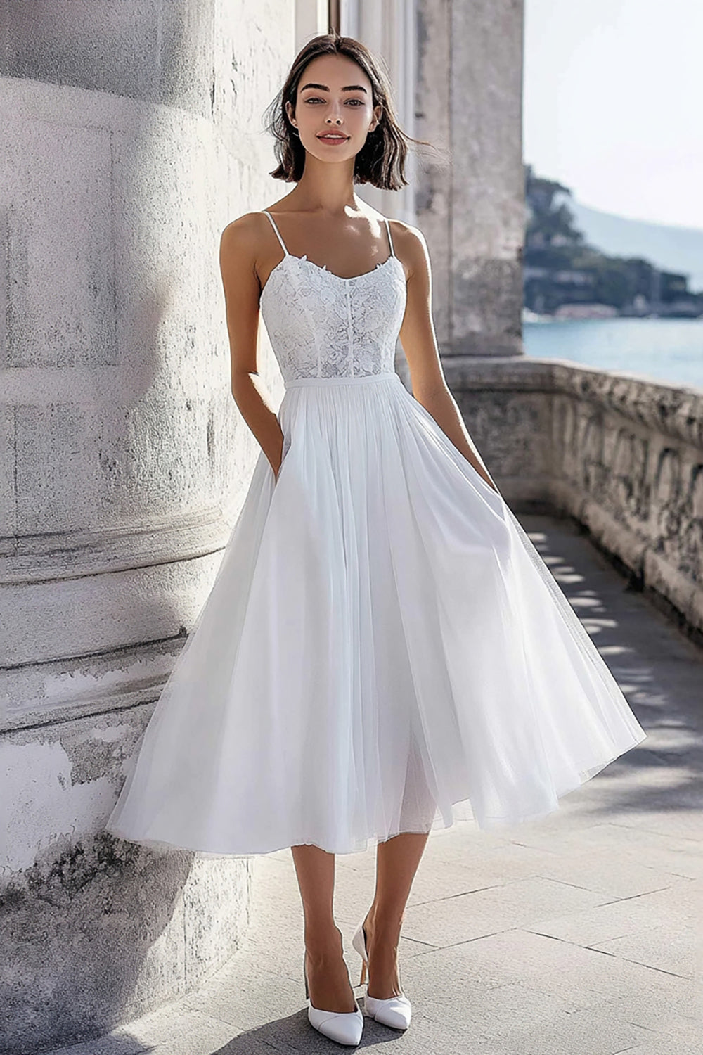 Leely Women Ivory Corset Tulle Maxi Rehearsal Dinner Dress Spaghetti Straps A Line Engagement Dress with Lace