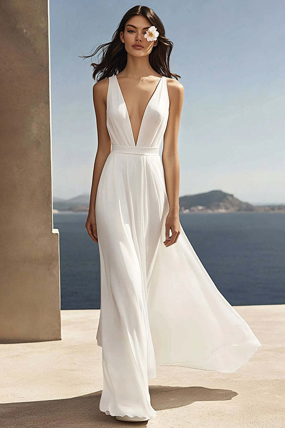 Leely Women Ivory Beach Maxi Engagement Dress Chiffon V-Neck A Line Wedding Reception Dress