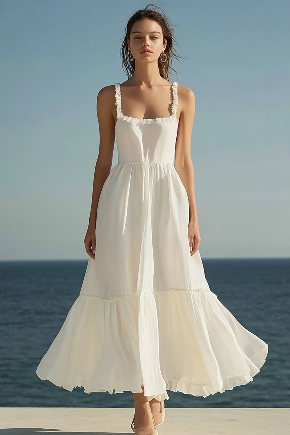 Ivory Square Neck A Line Maxi Engagement Dress with Ruffles