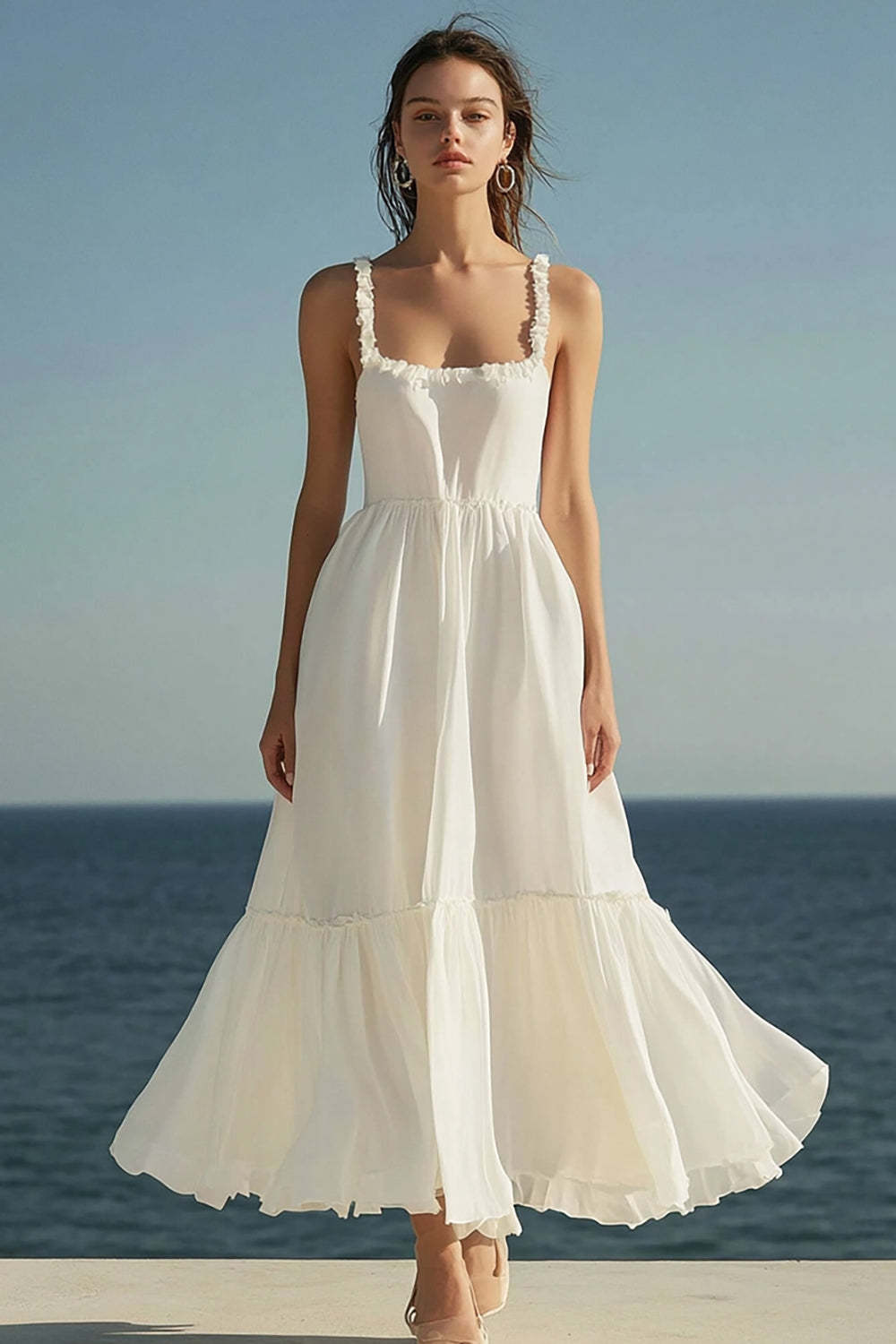 Leely Women Ivory Beach Maxi A Line Engagement Dress with Ruffles Square Neck Rehearsal Dinner Dress