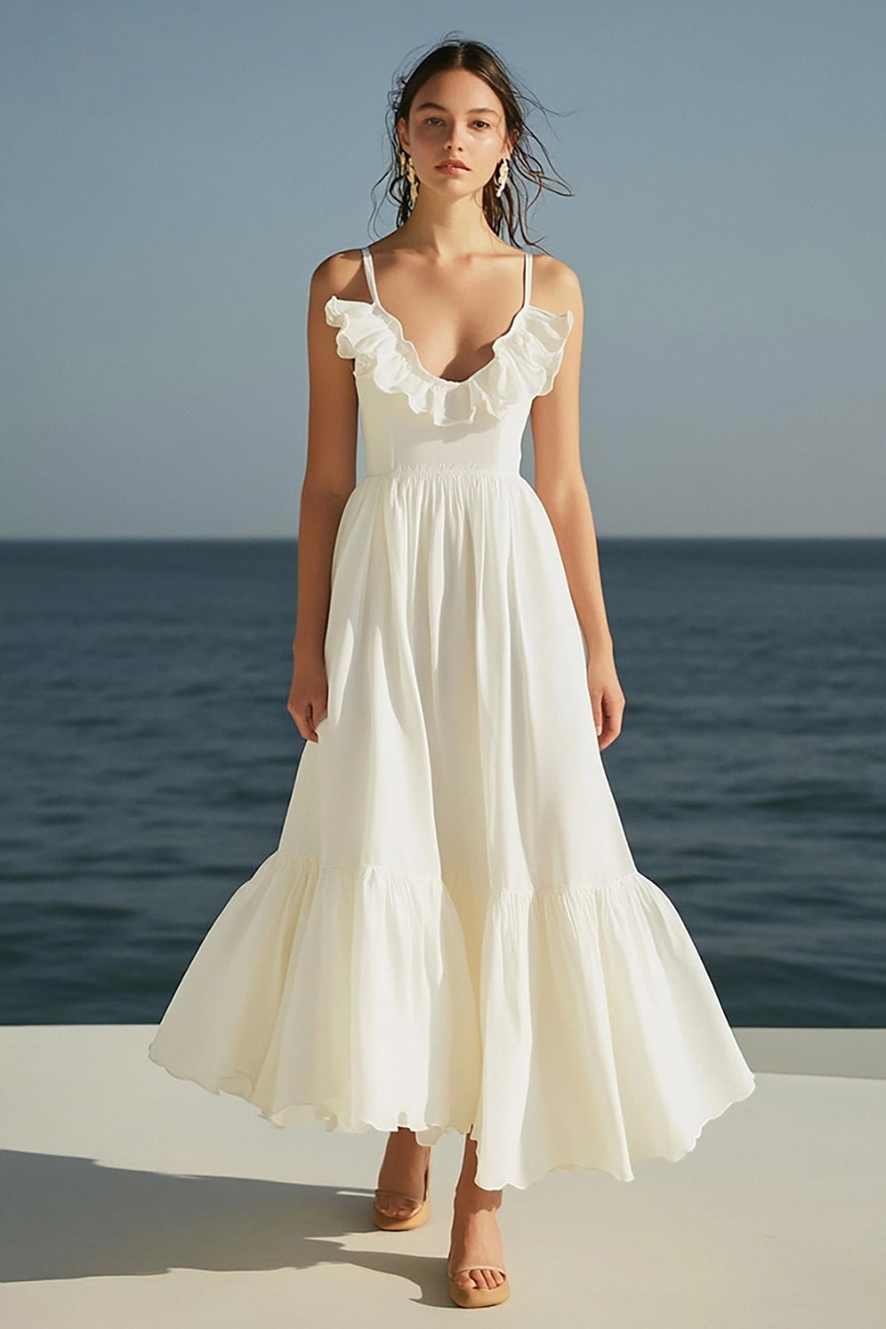 Ivory Spaghetti Straps A Line Maxi Engagement Dress with Ruffles