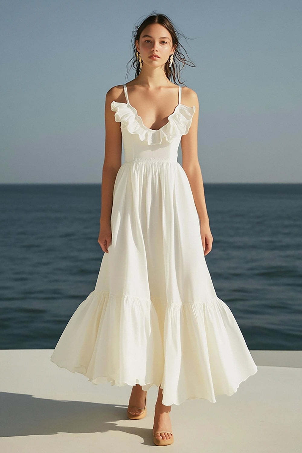 Leely Women Ivory Maxi Engagement Dress with Ruffles Spaghetti Straps Beach A Line Rehearsal Dinner Dress