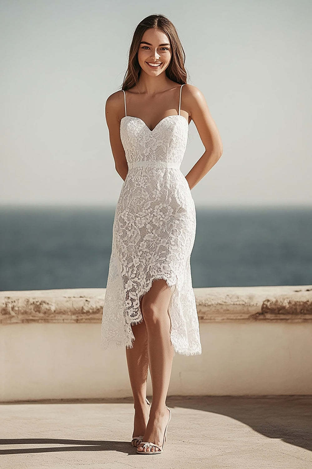 Leely Women Ivory Lace Midi Engagement Dress with Slit Bodycon Spaghetti Straps Registry Office Wedding Dress