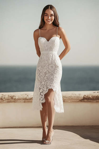 Leely Women Ivory Lace Midi Engagement Dress with Slit Bodycon Spaghetti Straps Registry Office Wedding Dress