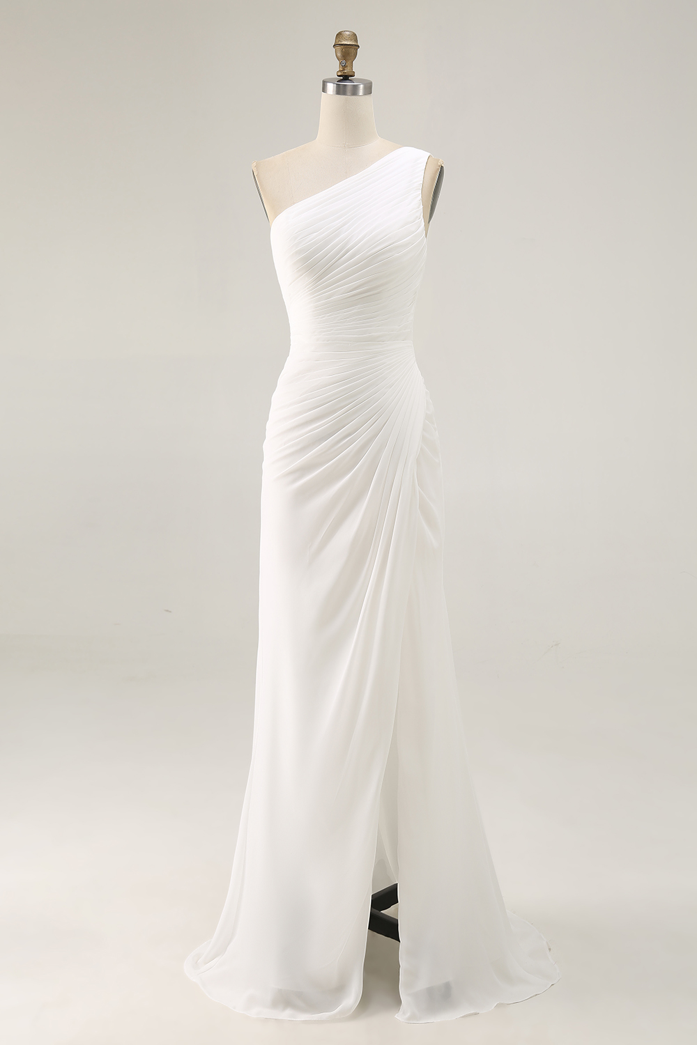 Ivory One Shoulder Chiffon Ruched Beach Maxi Engagement Dress with Slit