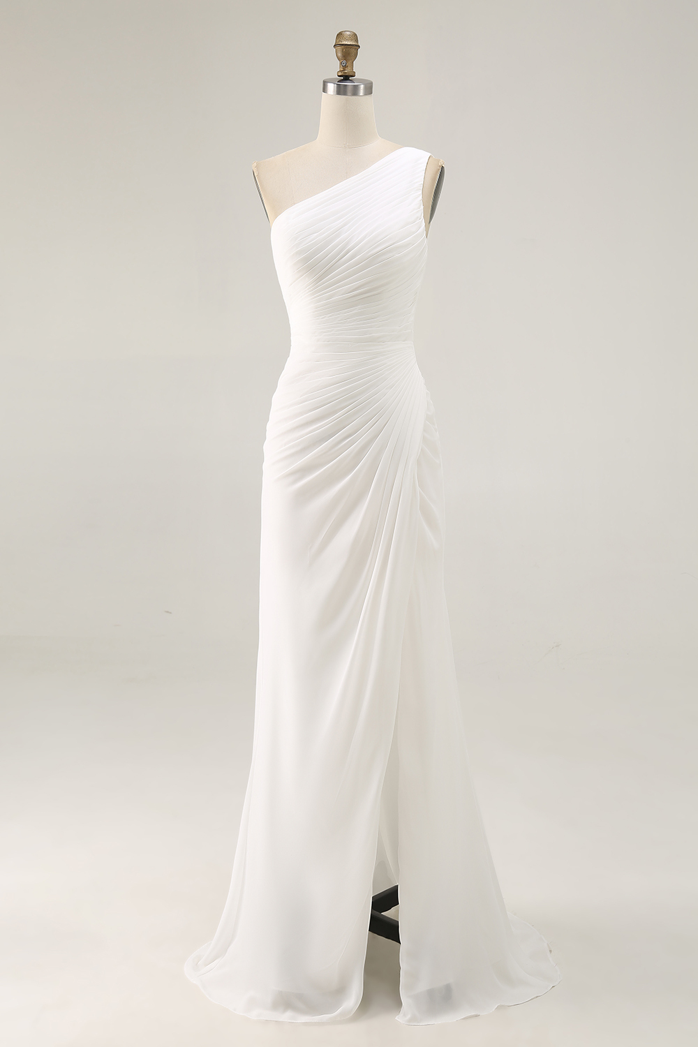 Ivory Chiffon One Shoulder Ruched Beach Maxi Engagement Dress with Slit
