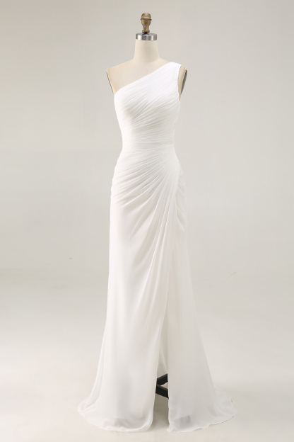 Ivory Chiffon One Shoulder Ruched Beach Maxi Engagement Dress with Slit