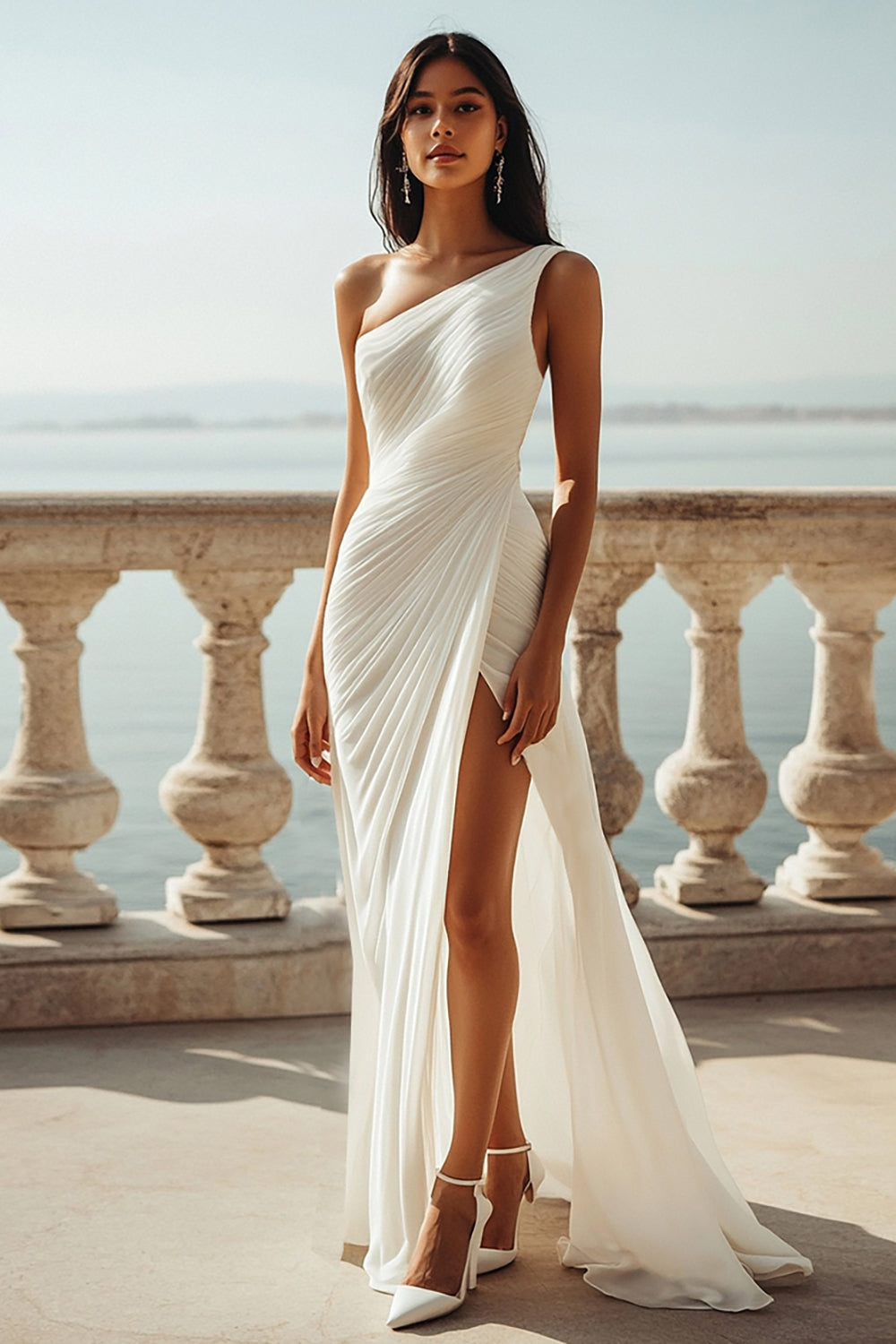 Ivory Chiffon One Shoulder Ruched Beach Maxi Engagement Dress with Slit