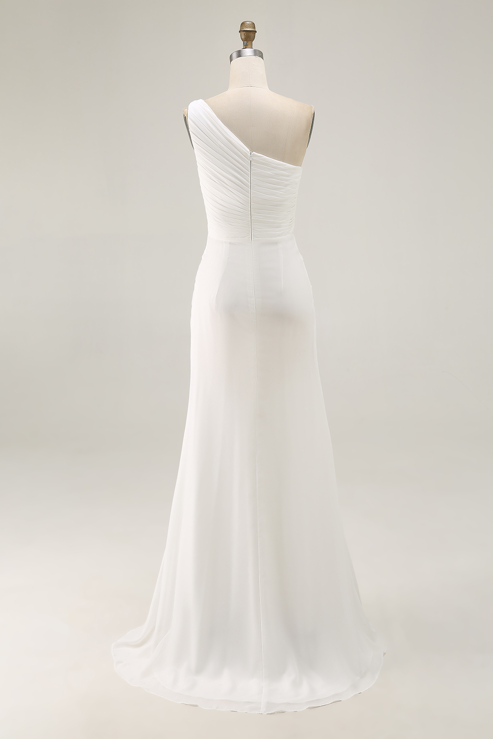 Ivory One Shoulder Chiffon Ruched Beach Maxi Engagement Dress with Slit
