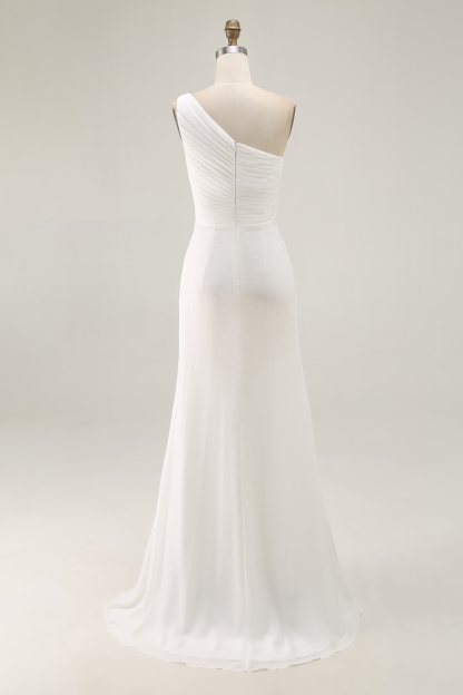 Ivory Chiffon One Shoulder Ruched Beach Maxi Engagement Dress with Slit