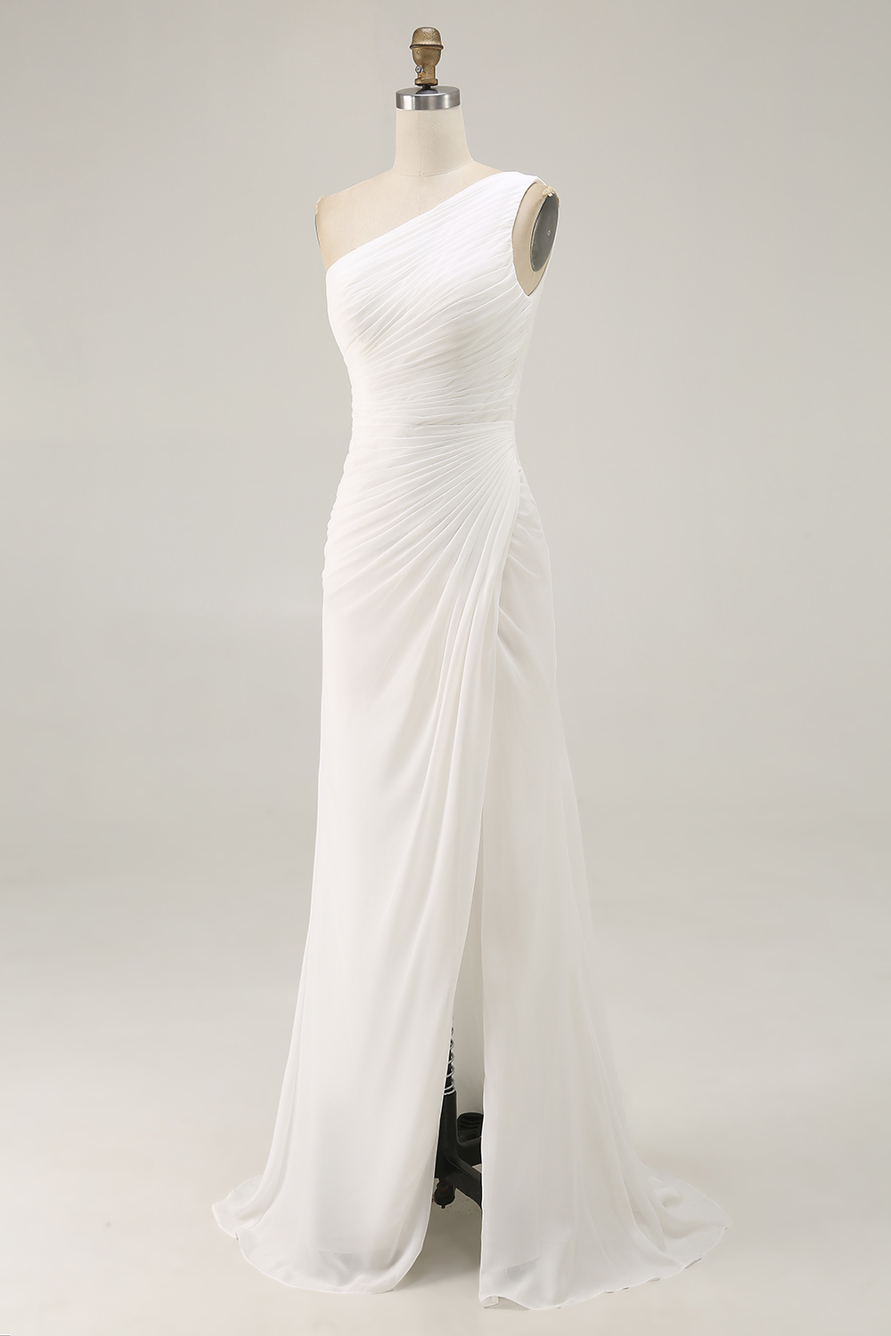 Ivory One Shoulder Chiffon Ruched Beach Maxi Engagement Dress with Slit