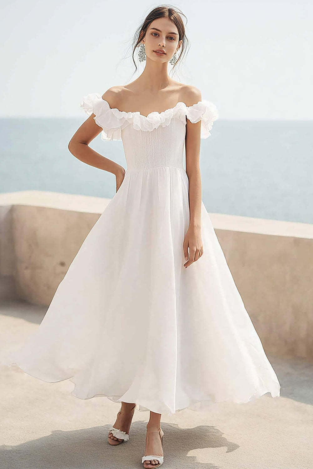 Leely Women Ivory Maxi Chiffon Wedding Reception Dress with Ruffles A Line Off the Shoulder Engagement Dress
