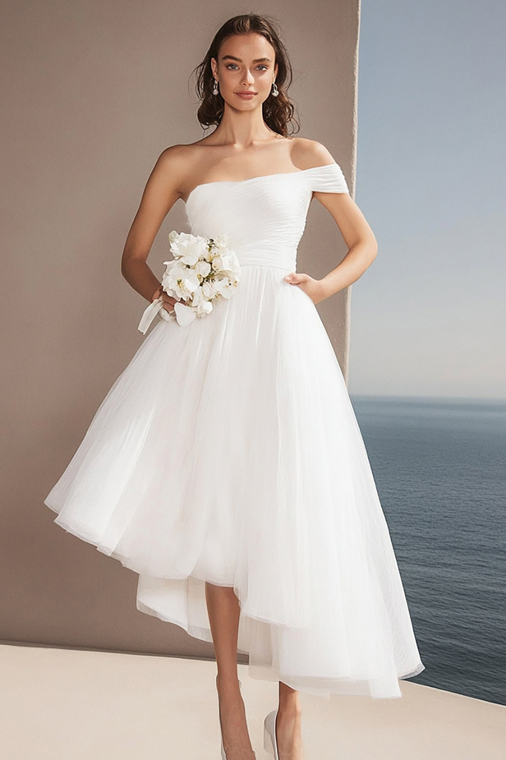 A Line Ivory One Shoulder Tulle Asymmetrical Wedding Reception Dress