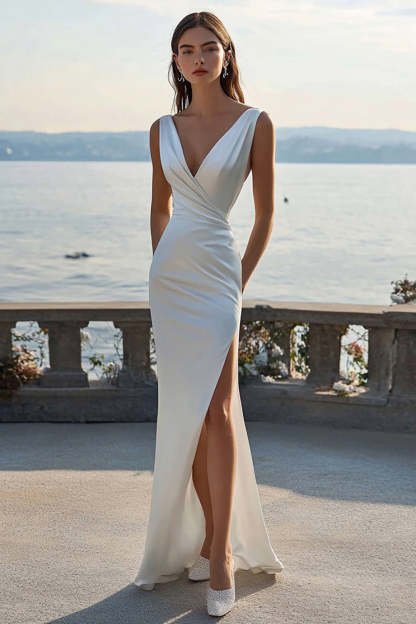Leely Women Ivory Maxi Satin Sheath Rehearsal Dinner Dress with Slit Ruched V-Neck Wedding Reception Dress
