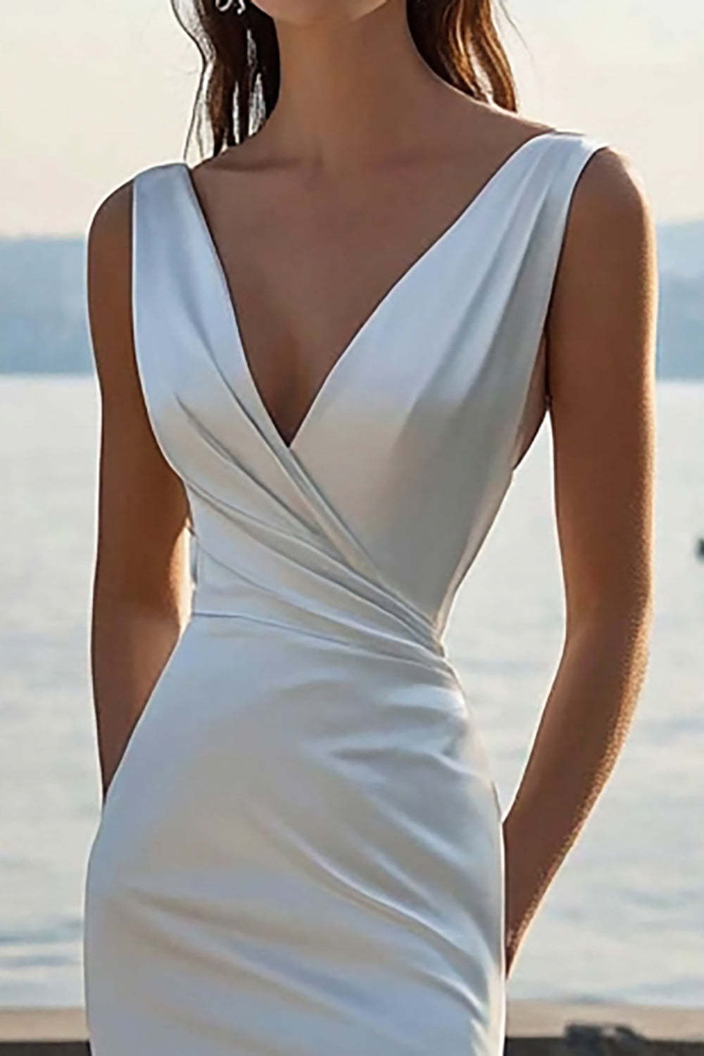 Ivory Ruched V Neck Satin Sheath Maxi Rehearsal Dinner Dress with Slit
