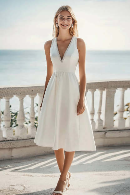 Leely Women Elegant Ivory Satin Midi Engagement Dress with Beading A Line V-Neck Sleeveless Wedding Reception Dress