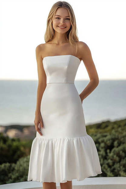 Leely Women Simple Ivory Satin Engagement Dress with Ruffles A Line Strapless Wedding Reception Dress