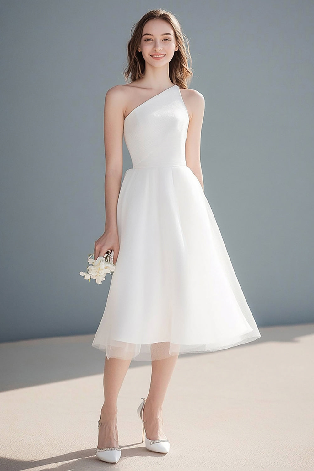 Midi Ivory A Line One Shoulder Simple Tulle Wedding Reception Dress