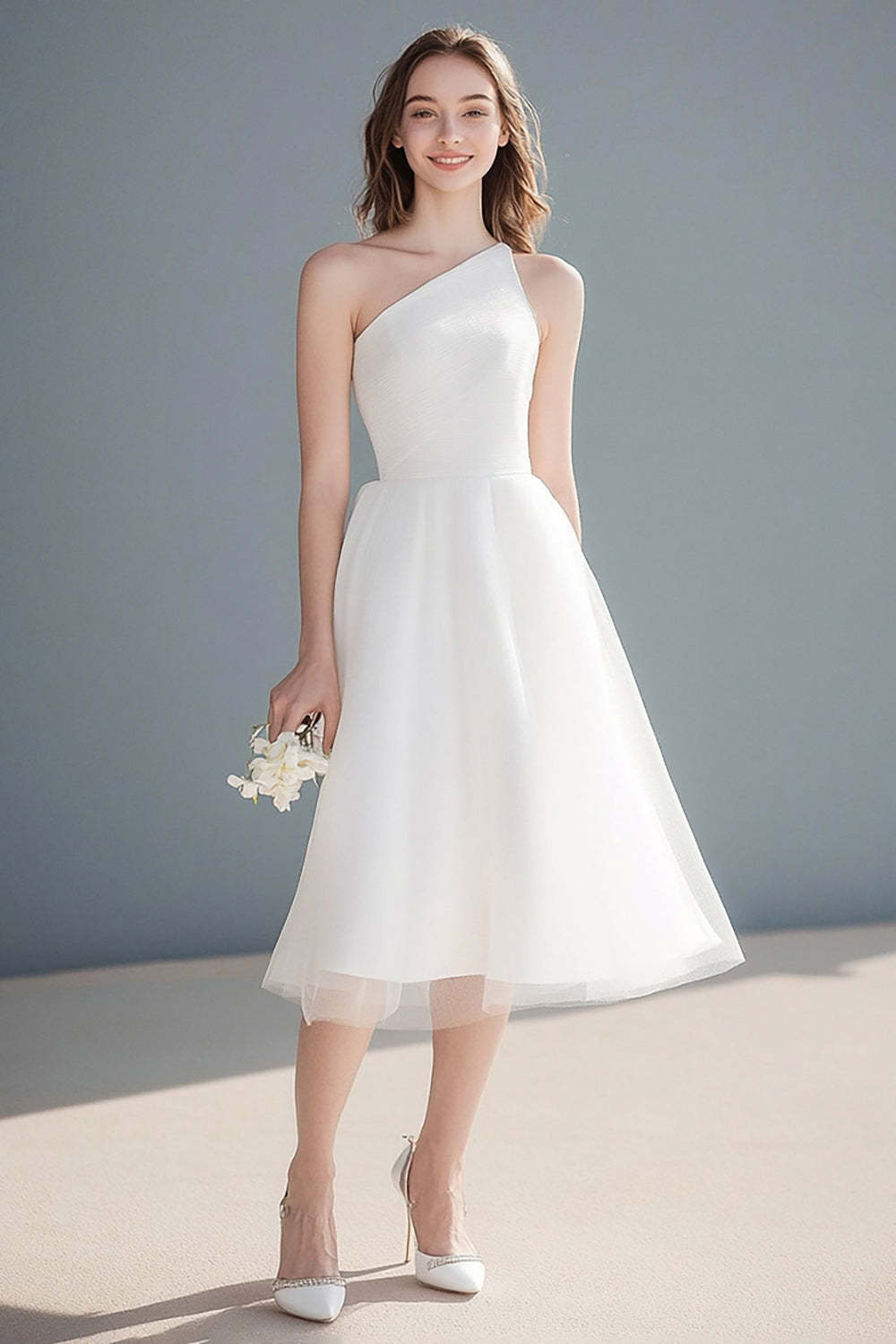Leely Women Simple Ivory One Shoulder Midi Wedding Reception Dress A Line Tulle Engagement Party Dress