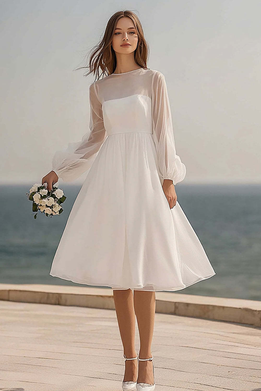 Leely Women Ivory Long Sleeves Midi Bridal Shower Dress A Line Tulle Illusion Neck Engagement Dress