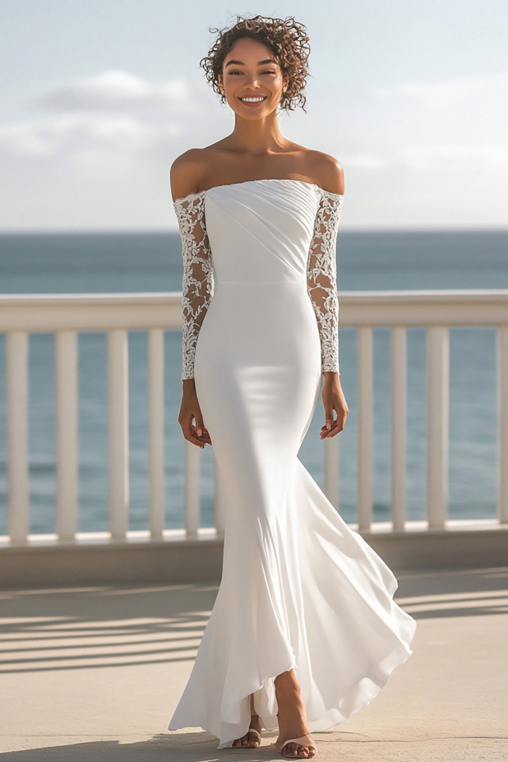 Chiffon Mermaid Ivory Maxi Rehearsal Dinner Dress with Sleeves