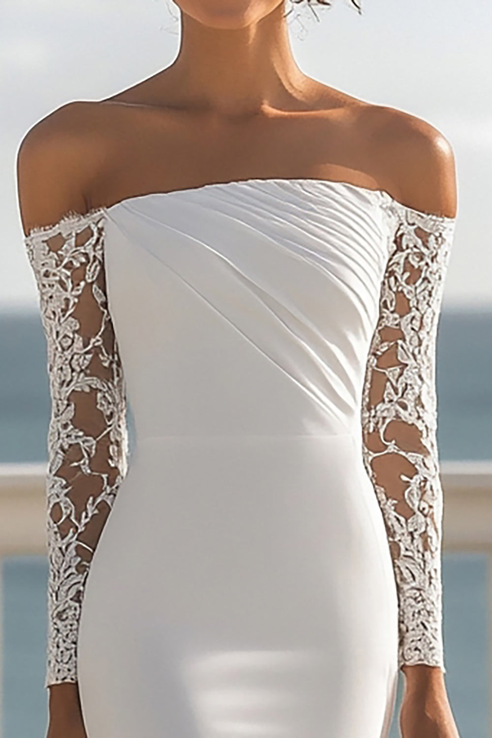 Chiffon Mermaid Ivory Maxi Rehearsal Dinner Dress with Sleeves