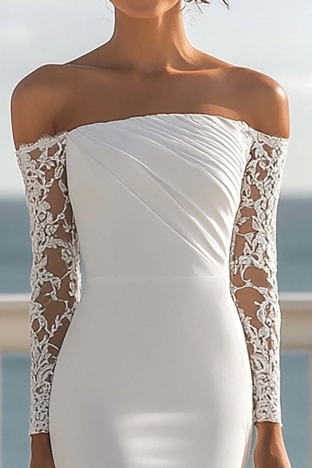 Chiffon Mermaid Ivory Maxi Rehearsal Dinner Dress with Sleeves