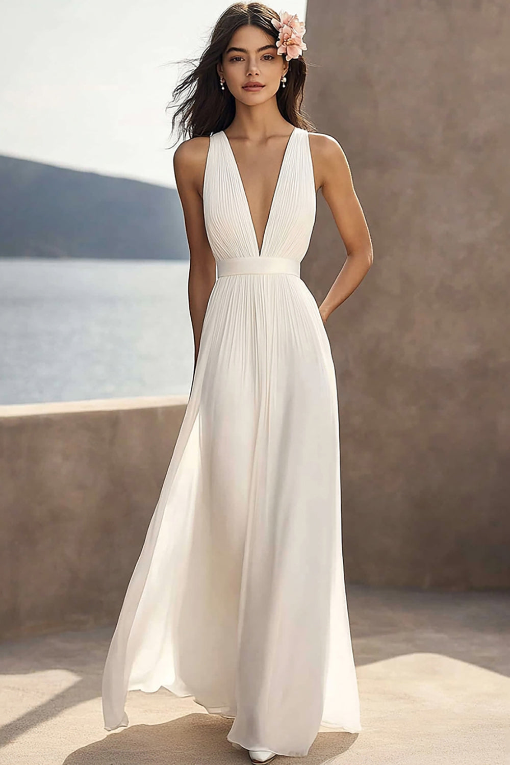 Chiffon Ivory Deep V-Neck Ruched Beach Maxi Engagement Dress