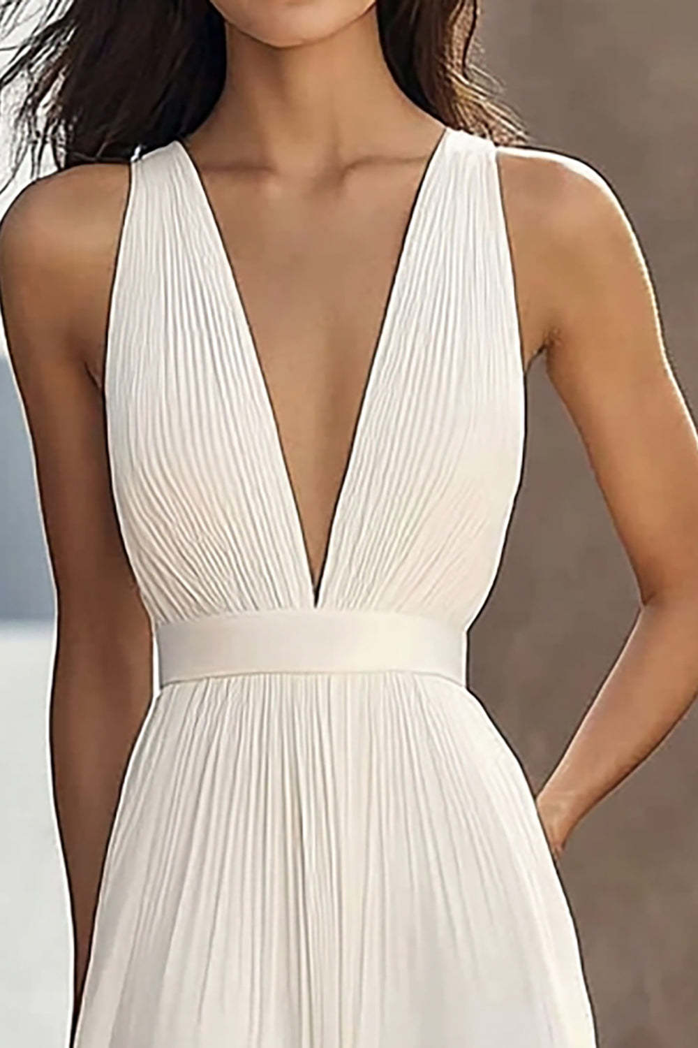 Chiffon Ivory Deep V-Neck Ruched Beach Maxi Engagement Dress