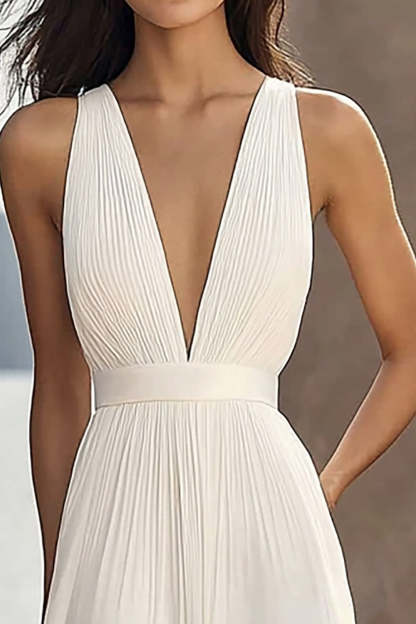 Chiffon Ivory Deep V-Neck Ruched Beach Maxi Engagement Dress