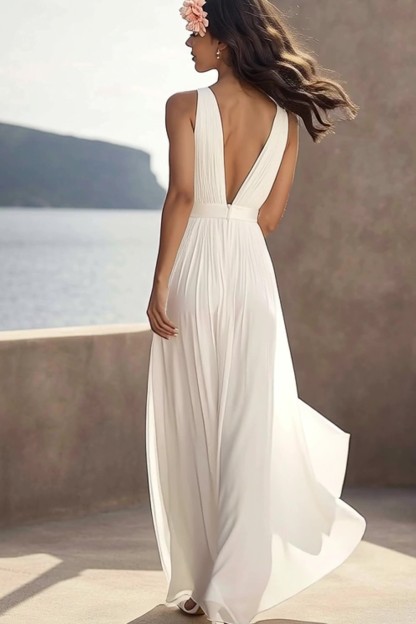 Chiffon Ivory Deep V-Neck Ruched Beach Maxi Engagement Dress