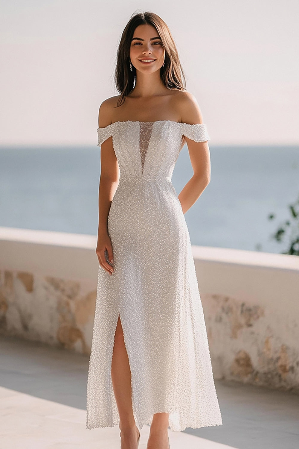 Leely Women Sparkly Ivory Sequin Maxi Rehearsal Dinner Dress A Line Off the Shoulder Wedding Reception Dress with Slit