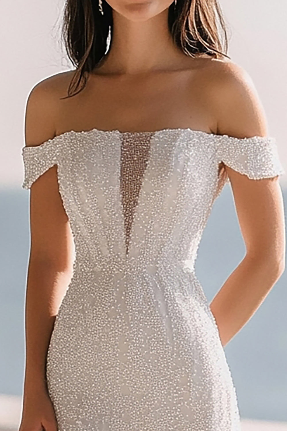 Sparkly Ivory Off the Shoulder Sequin Maxi Rehearsal Dinner Dress with Slit