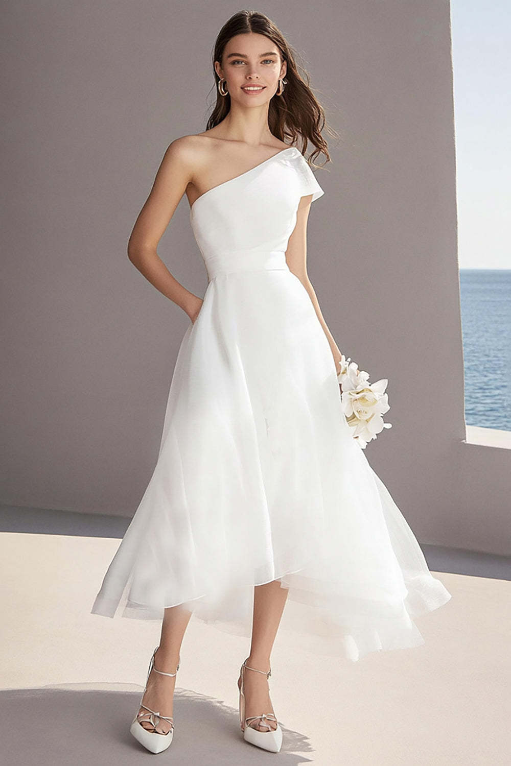 Leely Women Ivory One Shoulder Maxi Wedding Reception Dress A Line Organza Rehearsal Dinner Dress