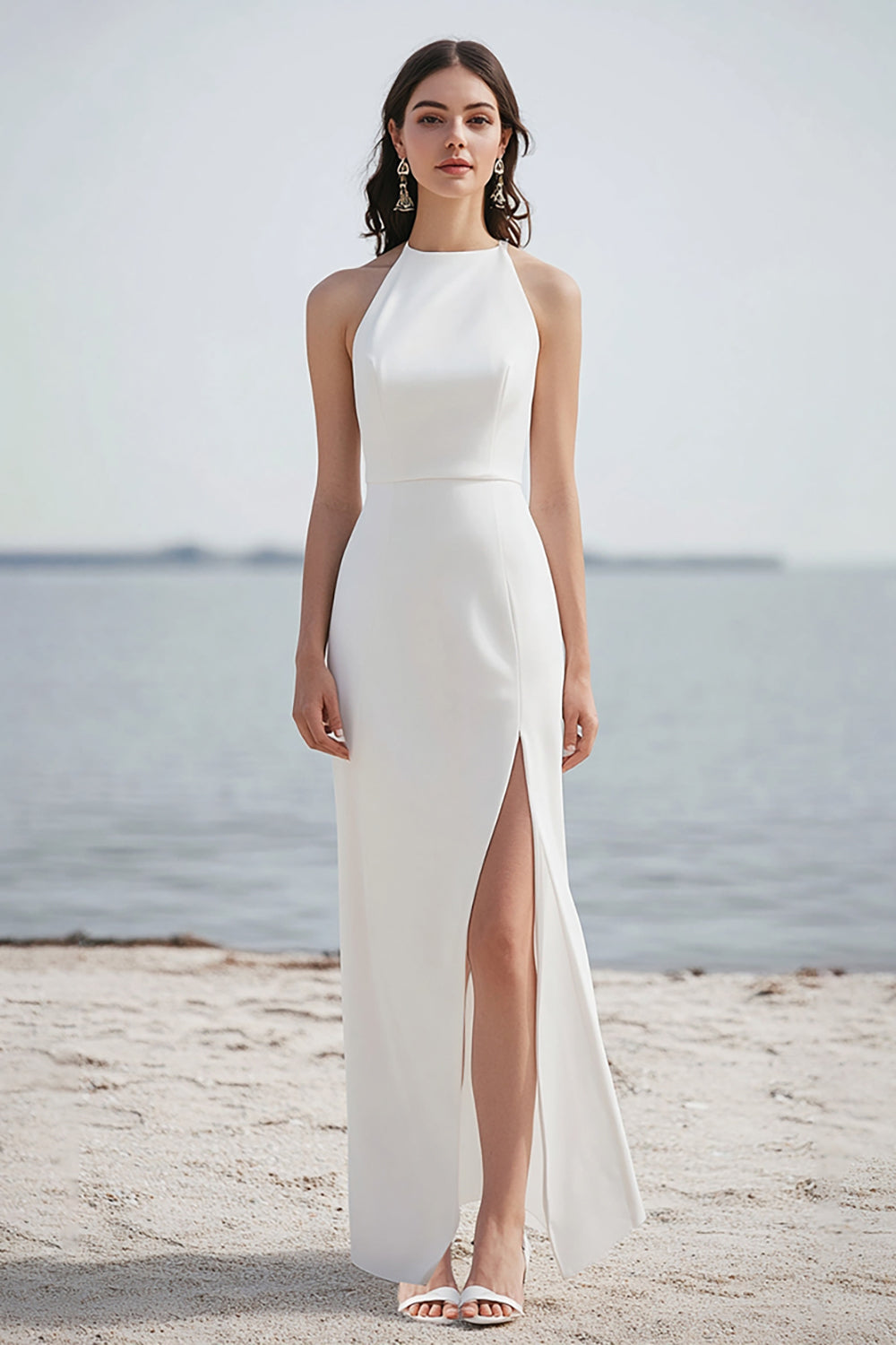 Satin Halter Sheath Ivory Maxi Rehearsal Dinner Dress with Slit