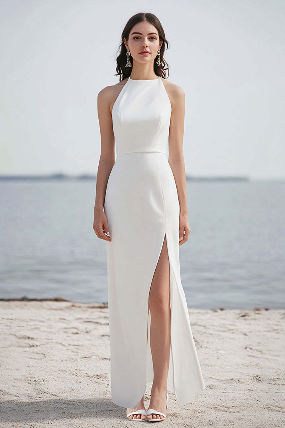 Leely Women Ivory Satin Maxi Rehearsal Dinner Dress with Slit Halter Sheath Engagement Dress